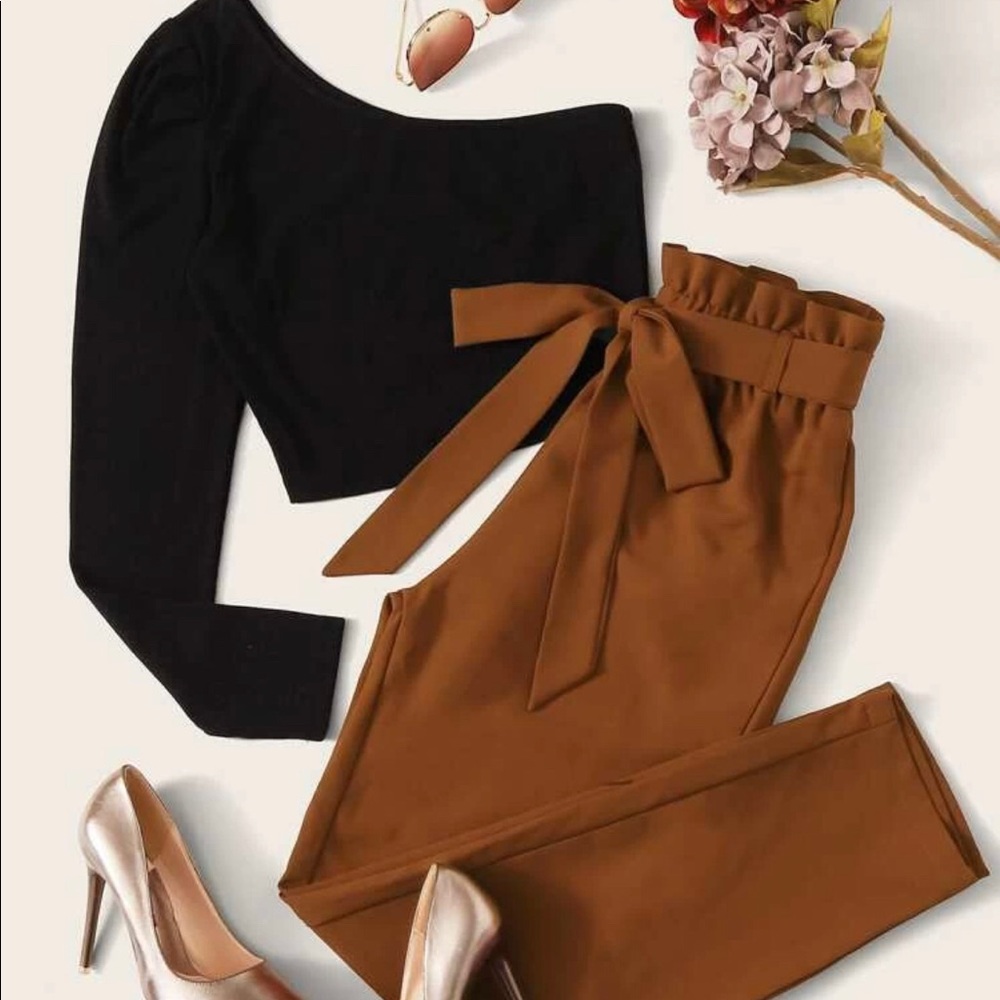 One Shoulder Top & Paperbag Waist Belted Pants Set